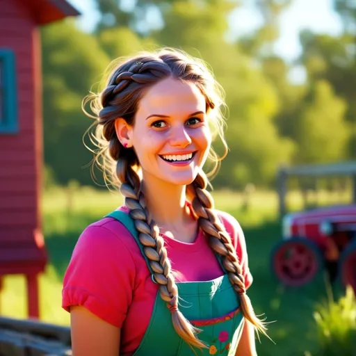 Prompt: Disney style farm girl with braids and a happy smile, vibrant colors, sunny