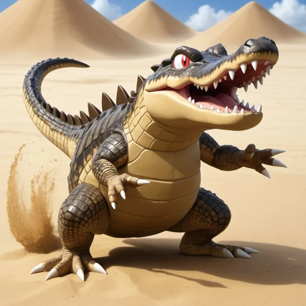 Prompt: Appearance: A crocodile-like Pokémon with sandy-colored scales and a tail that resembles a shovel. It can dig quickly and swim through the sand.
Type: Ground/Water
Abilities: "Sand Rush" (doubles Speed in a sandstorm), "Intimidate" (lowers the opponent's Attack on entry).