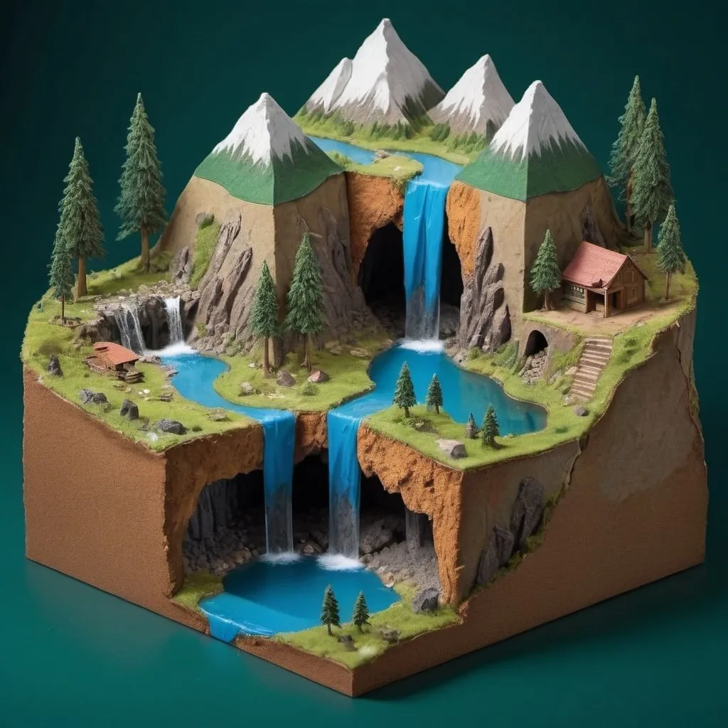 Prompt: Create a cross section view of 4 mountains, 3 ponds, 1 forest, 1 opening to an underground  den