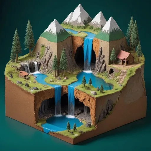 Prompt: Create a cross section view of 4 mountains, 3 ponds, 1 forest, 1 opening to an underground  den