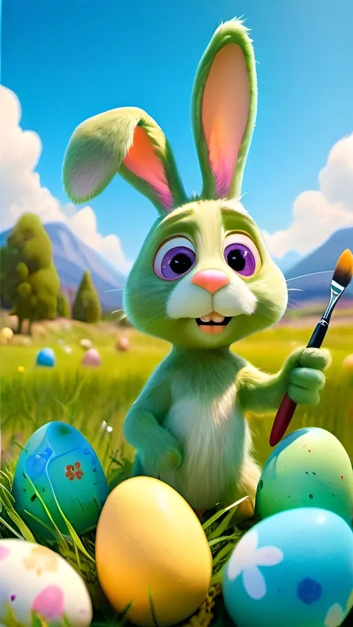 Prompt: cute easter bunny holding a paint brush toy, skottie young, green grass with easter eggs around, outdoor amazing sky sunny day, gopro footage,  physically based rendering, square wide space, high quality, detailed painting, cute and colorful, pop surrealism, constructivism, soft lighting, vibrant color palette, easter theme, professional art style