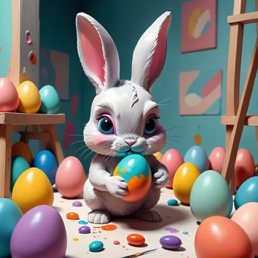 Prompt: Tiny cute bunny painting easter eggs, colorful brush in hand, standing in a constructivism pop surrealism space, physically based rendering, square wide space, high quality, detailed painting, cute and colorful, pop surrealism, constructivism, pastel tones, soft lighting, vibrant color palette, easter theme, professional art style