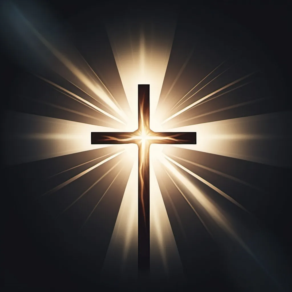 Prompt: The cross in a circle with a light shining down