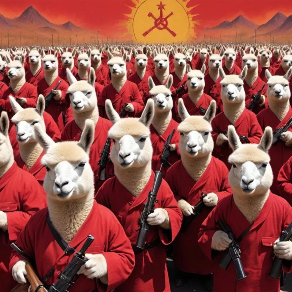 Prompt: army of lamas doing a comunist revolution with bombs