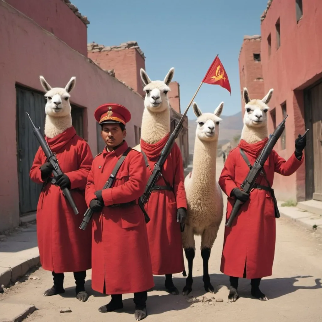 Prompt: lamas doing a comunist revolution with bombs