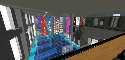 Prompt: This is a Basketball court from top view. Render this SketchUp export into a hyper-realistic scene with natural lighting, accurate shadows, and detailed textures. Keep the same perspective and proportions. Use realistic materials for. Add soft global illumination and realistic reflections. The final image should look like a high-quality architectural photograph taken with a DSLR, 35mm lens, f/2.8, ISO 200