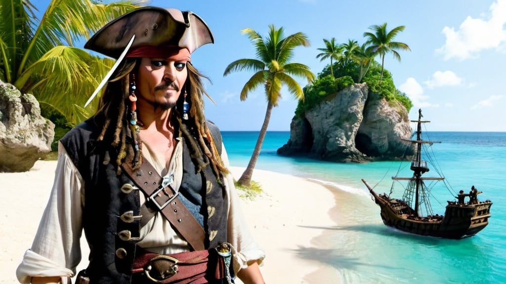 Prompt: Jack sparrow, pirate ship, saber, island, treasure