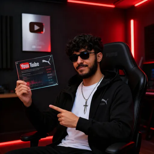 Prompt: "Make a cinematic, ultra-realistic image of me sitting confidently in a YouTube creator studio. I’m wearing black sunglasses and sitting in a stylish black gaming chair. In my right hand, I’m holding a transparent glass-like card showing my YouTube channel stats (name, subs). In my left hand, I’m pointing at the card proudly. Behind me, there’s a YouTube Silver Play Button on the wall and glowing red LED lights. The room has dramatic lighting, a modern YouTube vibe, and a professional studio look."