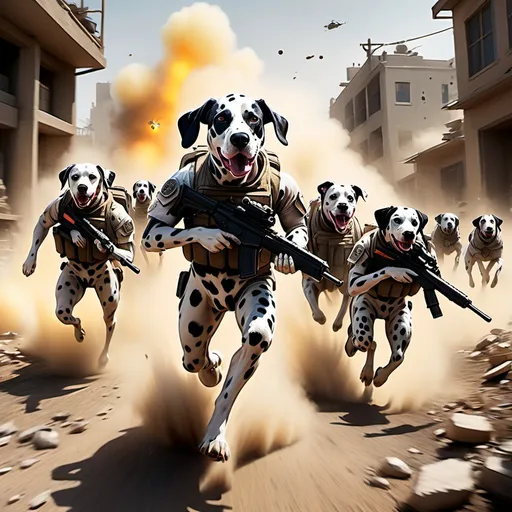 Prompt: As dust swirls through the air, a squad of humanoid dogs charges forward with unwavering determination. Leading the assault, a Dalmatian, muscles rippling beneath his tactical gear, grips an advanced rifle as explosions echo in the background. His squad, made up of other specialized dogs, moves swiftly—one acting as a scout, another as a medic, and a heavy gunner providing cover fire. Each step they take pushes them closer to enemy lines, their canine heads contrasted against their human-like bodies, focused on the mission. The battlefield is chaotic, with helicopters roaring overhead and the ground shaking with artillery fire, but the team presses forward through the chaos, ready to strike.”