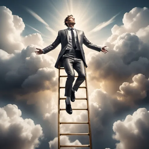 Prompt: A surreal image of a man wearing a formal suit climbing a metallic ladder floating in the air among the clouds. The perspective is very close, showing a detailed view of the man's determined face and upper body as he uses both hands and feet to ascend. The ladder is suspended in a dreamy sky filled with soft clouds and golden sunlight breaking through, creating a magical and atmospheric scene. The focus is on the man's effort and ambition, with the background softly blurred to emphasize his journey."