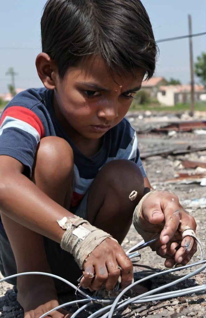 Prompt: a boy touches a damaged wire and is injured