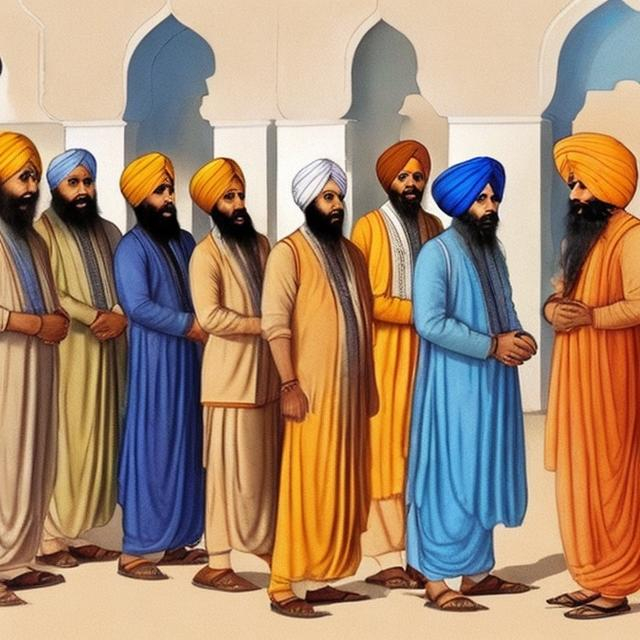 Prompt: Show me 1 sikh man talking to 5 sikh men all should be wearing turbans and should be in the city of anandpur sahib.  The 5 sikh men should be dressed in blue and the 1 sikh man should be dressed in orange