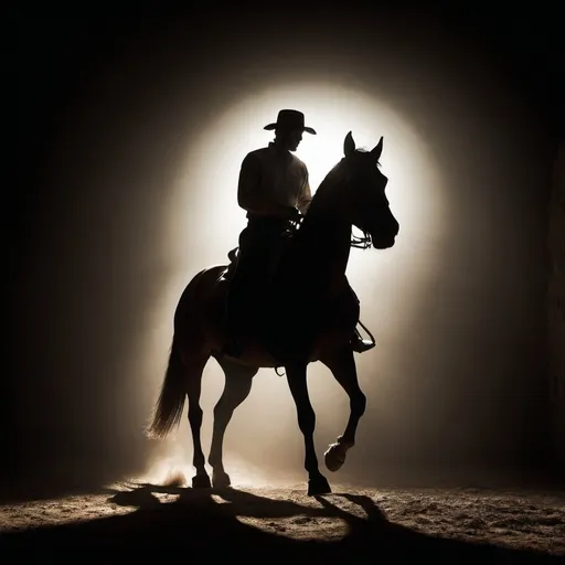 Prompt: Backlit photo of a man on horse. Silhouette, dramatic, artistic, shadowy