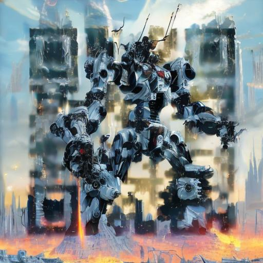 Prompt: masterpiece, best quality, mecha, no humans, black armor, blue eyes, science fiction, fire, laser canon beam, war, conflict, destroyed city background