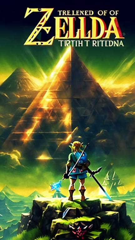 Prompt: legend of zelda book cover featuring Link, a broad landscape, the triforce and a rift between light and dark