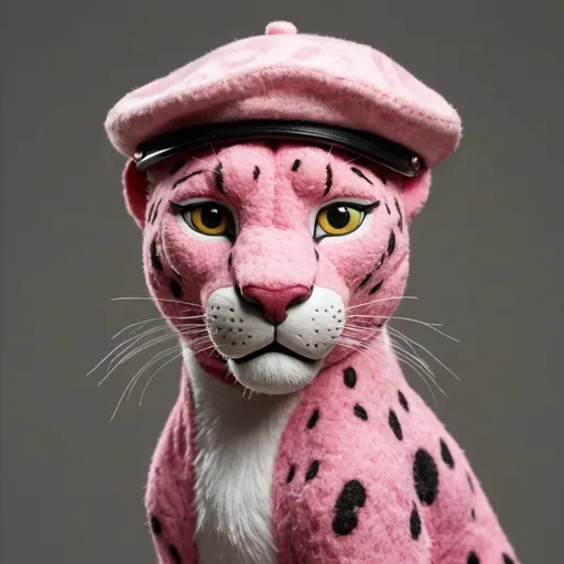 Prompt: Pink panther with mottled baret