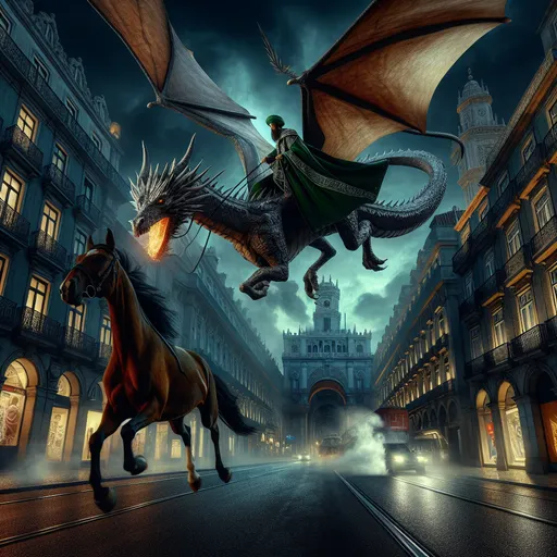 Prompt: (A dragon mounted by a wizard in Slytherin robes) flying low over Avenida Paulista, escaping a brown Portuguese Podengo, dark and mystical atmosphere, vibrant and high contrast colors, dramatic lighting, cinematic background, bustling urban environment with towering buildings, intense and dynamic action scene, ultra-detailed, 4K, sharp focus, sense of urgency and adventure, realistic textures and shadows.