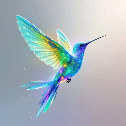 Prompt: “A high-resolution digital illustration of a majestic hummingbird mid-flight, composed of flowing iridescent feathers that resemble neural networks and light beams. Its wings arc outward like energy signals, with gradients of electric teal, luminous violet, solar gold, and deep emerald. The bird’s body pulses with translucent layers like a living circuit board, and its eyes glow with intelligent awareness. The background is minimal and soft, subtly hinting at a connected world below. Style is sleek, futuristic, semi-abstract, and suitable for branding a global technology ecosystem. Art style: 3D digital painting + concept art, ultra-detailed, matte finish.