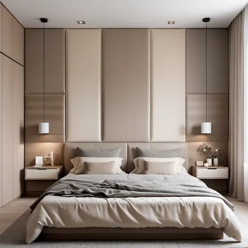 Prompt: we ask to create the image of a double bedroom in a minimal soft style. In the center of the room the bed with a beige padded headboard with sheets in shades of cream and pillows in shades of brown, behind the headboard a wooden brush that develops along the entire horizontal length of the wall. Next to the bed two bedside tables with drawers in gray laminate and above jars and books as decoration, above the bedside tables two hanging lamps with a final circular element. Under the bed a large cream-colored carpet, the floor is herringbone parquet. In front of the bed, the wardrobe, composed of two lateral structures with sliding doors, and a central structure with two doors in the upper part, three drawers in the lower part, and in the center an area dedicated to the TV with a shelf below in which there are books and decorative objects. All the walls of the room are beige except the one behind the bed which is in resin and tends to gray.

