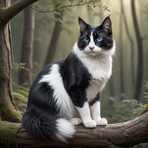 Prompt: a black and white tom, medicine cat, detailed fur with warm reflections, muscled hind legs, long fluffy tail, thoughtful gaze, natural lighting, high quality, detailed eyes, professional, traditional art, forest setting, deep blue eyes, peaceful atmosphere, medicine cat, detailed environment, calm and serene, thoughtful expression, he-cat, sitting on branch, elegant pose, beautiful, swift, intelligent