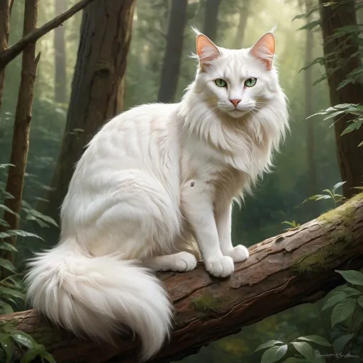 Prompt: a mostly white she-cat with brown paws, detailed fur with warm reflections, muscled hind legs, long mane, brown-tipped fluffy tail, thoughtful gaze, natural lighting, high quality, detailed eyes, professional, traditional art, forest setting, deep green eyes, peaceful atmosphere, leader, detailed environment, calm and serene, thoughtful expression, she-cat, sitting on branch, elegant pose, beautiful, swift, inteligent