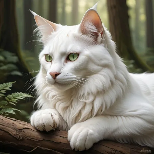 Prompt: a mostly white she-cat with brown paws, detailed fur with warm reflections, muscled hind legs, long mane, brown-tipped fluffy tail, thoughtful gaze, natural lighting, high quality, detailed eyes, professional, traditional art, forest setting, deep green eyes, peaceful atmosphere, leader, detailed environment, calm and serene, thoughtful expression, he-cat, sitting on branch,
