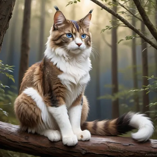 Prompt: a large brown and white tom, warrior cat, detailed fur with warm reflections, muscled hind legs, long fluffy tail, thoughtful gaze, natural lighting, high quality, detailed eyes, professional, traditional art, forest setting, deep blue eyes, peaceful atmosphere, medicine cat, detailed environment, calm and serene, thoughtful expression, he-cat, sitting on branch, elegant pose, beautiful, swift, intelligent