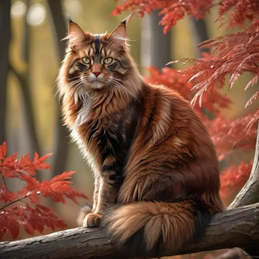 Prompt: a large red & black maincoon cat, detailed fur with warm reflections, thoughtful gaze, natural lighting, high quality, detailed eyes, professional, traditional art, forest setting, deep red eyes, peaceful atmosphere, deputy, detailed environment, calm and serene, thoughtful expression, he-cat, sitting on branch
