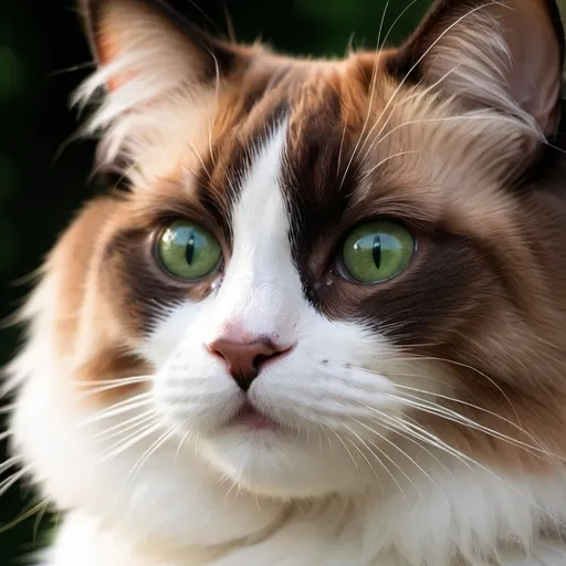 Prompt: a rusty black, white and dark ginger coloured ragdoll cat. Up close deep green eyes and a ray of liught shining on them.
