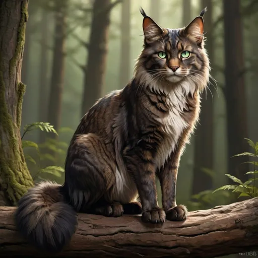 Prompt: a tall, large, dark-brown tom with ragged claws, warrior cat, detailed fur with warm reflections, muscled hind legs, long fluffy tail, natural lighting, high quality, detailed eyes, professional, traditional art, forest setting, deep green eyes, peaceful atmosphere, senior warrior, detailed environment, calm and serene, thoughtful expression, realistic fur, he-cat, sitting on branch, elegant pose, beautiful, swift, intelligent