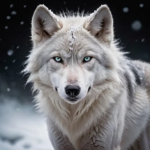 Prompt: snowy lilac wolf, black void background, surreal, detailed fur, light tones, intense gaze, natural lighting, detailed eyes, dreamlike, professional, snowy lilac fur, aurora eyes, frost, falling snow, shattered ice, soft moonlight,stunning youthful wolf, gazing at viewer, gorgeous, muscular forelegs, athletic, agile, small but absurdly powerful, enchanting, timid, view of whole body