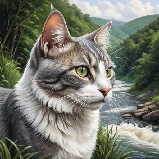 Prompt: Detailed Illustration of a grey and white layered, short-haired, tom-cat, curled ears, looking at a raging river, Lush greenery, high quality, realistic, detailed fur, intense gaze, traditional painting, vibrant colors, natural lighting