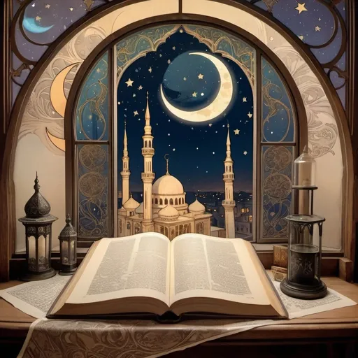 Prompt: The desktop is under the open window with sheer curtains. The night view is shown from the window with a crescent moon, stars, and a mosque in perspective. An old book top view with qull feather and ink