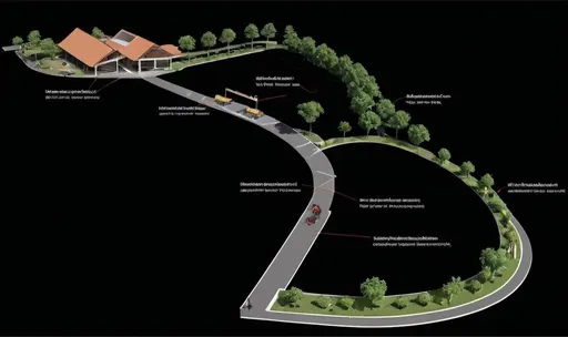 Prompt: 1. Vehicle Area: Design an area with cars and motorbikes, situated near the entrance.
2. Showroom: Place the showroom adjacent to the vehicle area with large glass windows and modern architectural style.
3. Accounting Office: Position an accounting office next to the showroom.
4. Hue Cuisine Area: Create a restaurant zone themed after traditional Hue cuisine, with authentic elements like wooden furniture and decorative lanterns.
5. Scenic Walkway with Grape Trellises: Develop a winding pathway covered with grape trellises and bordered by a forested area, with small bridges crossing rivers designed with fishing nets.
6. Coffee and Fast Food Area: Include a café and fast food zone, designed for quick service, with outdoor seating.
7. Collective Activity Space: Add an open area for communal activities, such as group exercises and social events.
8. Extended Walkway with Nature: Design a path with lush greenery on both sides, leading to more scenic spots.
9. Fish Pond and Miniature Mountain:Include a serene area with a fish pond surrounded by rock formations and a water feature.
10. Camping Area and Outdoor Entertainment: Create a section with camping tents, outdoor seating, and an entertainment stage for singing and performances.
11. Staff Facilities: Position a staff-only area with essential amenities.