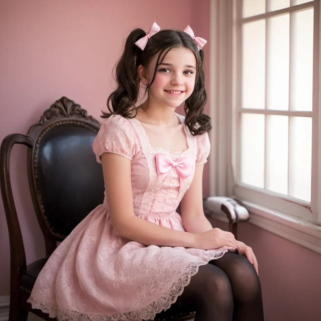 Prompt: Brunette 15 year old girl elegantly poised, her wavy black hair adorned with soft pink bows, in dainty pigtails; a radiant smile accentuating her visage, attired in vintage pink lace dress complemented by black shoes and pink stockings. Gracefully sitting in a gentle, feminine room, hands cradling her chin, under the light of a softly glowing sun light.