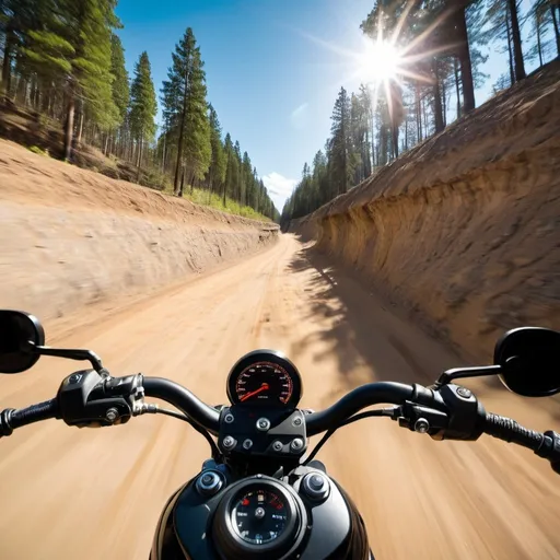 Prompt: First-person perspective of a motorcycle rider. the motorcycle is riding at high speeds around a dirt cliff. at the bottom of the cliff is a forest with many trees. it is a very sunny day and there are few clouds in the sky.