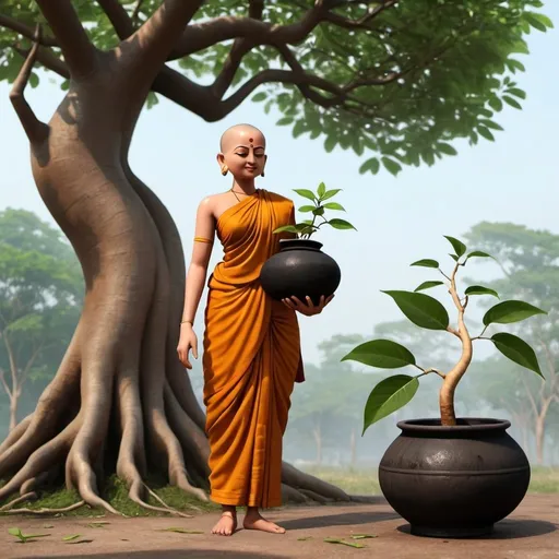 Prompt: Animated figure Sangamiththa, an Indian Buddhist lady monk, Bald Headed, Holding a black round pot, A boo plant in it, Sanghamitta bringing a sapling of the right branch of the Bodhi tree to Sri Lanka. Kelaniya Raja Maha Vihara