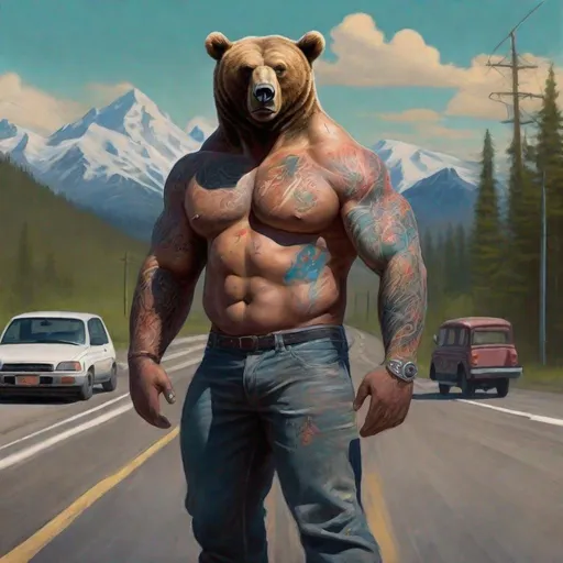 Prompt: big muscular bear wearing paint, standing on the road , having tattoos on face and on right arm. 

