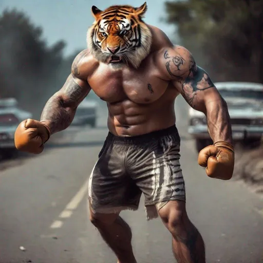 Prompt: big muscular tiger wearing boxers, standing on the road, having tattoos on face and on right arm. having hairs on arms. cut marks on face. angry face. in boxings position

