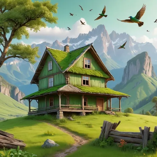 Prompt: Landscape scene in which an old wooden house is present in the ground and at a distance beautiful green rocky mountain are present and birds are flying 