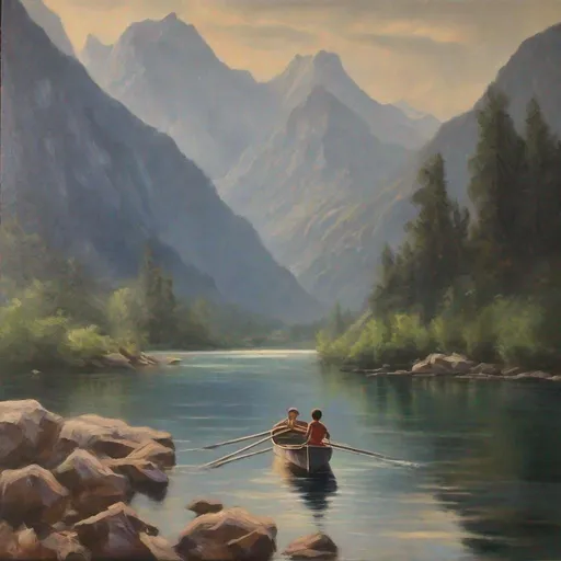 Prompt: oil painting of a boy boating in between mountains

