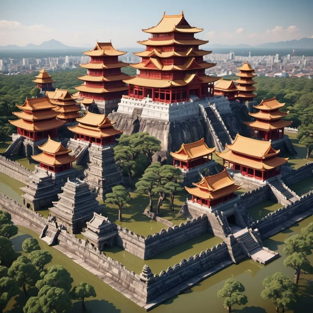 Prompt: Create a 3D collage of Asian monuments, featuring Japan's Himeji Castle, China's Forbidden City, India's Taj Mahal, and Cambodia's Angkor Wat, arranged around a miniature 3D globe, highlighting their unique architectural styles. 3d , cgi , c4d --ar 3:2 --stylize 250 --v 6