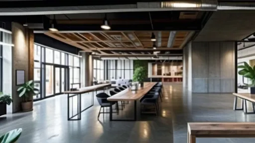 Prompt: (office space open planno partition wall. it is 'open' space /  concrete exposed ceiling, modern workplace design, large window allowing natural lighting, ultra-detailed, inviting ambiance, at least 5 rectangle office desks in the mid, lively decor with plant.