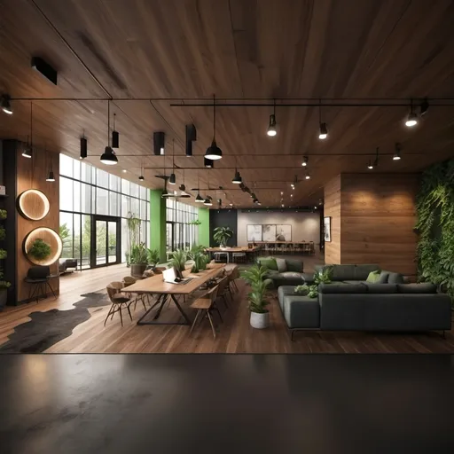 Prompt: Design a modern and cozy interior space, incorporating natural elements like indoor plants and green accents. The setting should include comfortable seating areas with wood textures, green upholstery, and metal frames. The lighting should be warm and soft, enhancing the natural ambiance. Open and airy layouts with plants integrated into the design, either as decorations or separators, are key features. The overall look should feel inviting and functional, suitable for both work and relaxation, with a focus on harmony between nature and modern aesthetics." office space open plan / no partition wall. it is 'open' space, 4 rectangle office desk, black exposed ceiling like Queen & Collins – Level 16 Tenancy fit outs, industrial design on ceiling