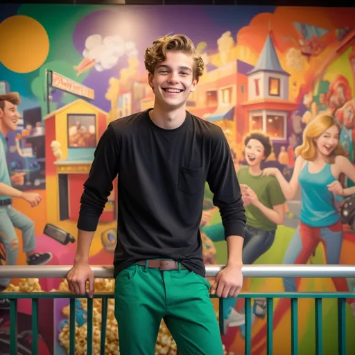 Prompt: A young man leans casually against a sleek railing, exuding a relaxed demeanor with a wide, engaging smile. Dressed in a black long-sleeve shirt and green pants, he stands against a vibrant mural filled with playful colors and whimsical elements, including movie-related imagery like popcorn and cameras. The cheerful ambiance is further enhanced by warm, diffused lighting, suggesting an indoor setting likely bustling with activity. The bold, graphic art on the wall creates a lively backdrop that adds to the overall energetic vibe, making the scene feel like a celebration of creativity and joy. The mood is inviting, capturing a moment of leisure in an artistic space.
