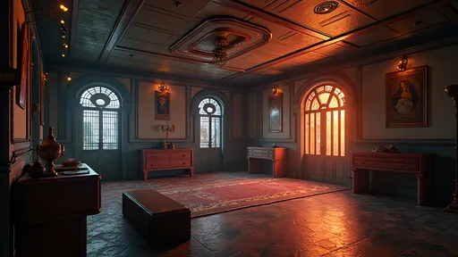 Prompt: a dimly lit room with a lot of decorations on the walls and flooring on the walls and floor, Cedric Seaut (Keos Masons), art deco, unreal 5, concept art