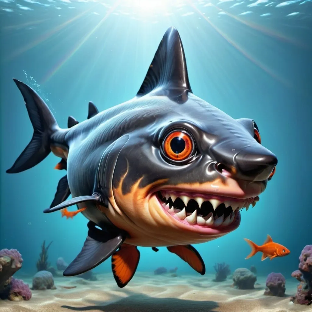 Prompt: Huge black shark goldfish with laser eyes