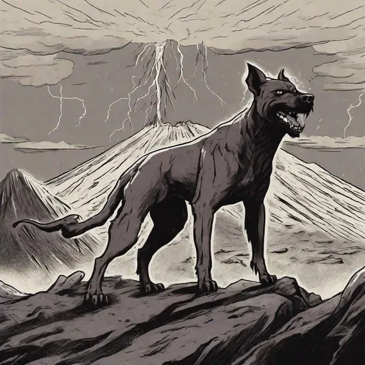 Prompt: Hell hound. on a volcano. bolt of lightning. scared people.