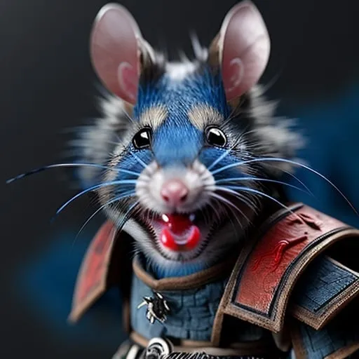 Prompt: Blue Samurai rat with red eyes and fangs and shotgun