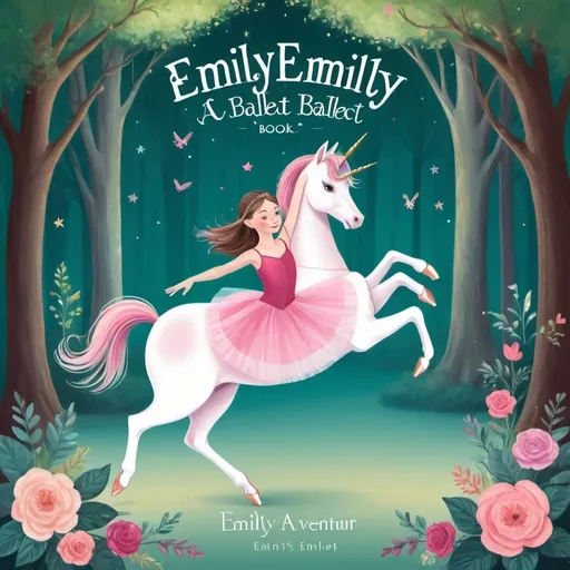 Prompt: Create a luxurious children's book cover featuring a girl named Emily who loves ballet and unicorns. The cover should be vibrant, magical, and personalized with her name and interests. Include elements like a ballet dancer and unicorns in a whimsical forest setting. The title should read 'Emily's Enchanted Ballet Adventur